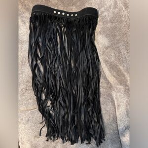 Black faux leather fringe belt